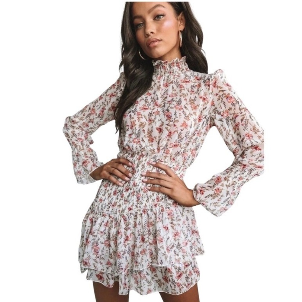 Princess Polly Floral Smocked Mini Dress White Pink Ruffle High Neck US 6